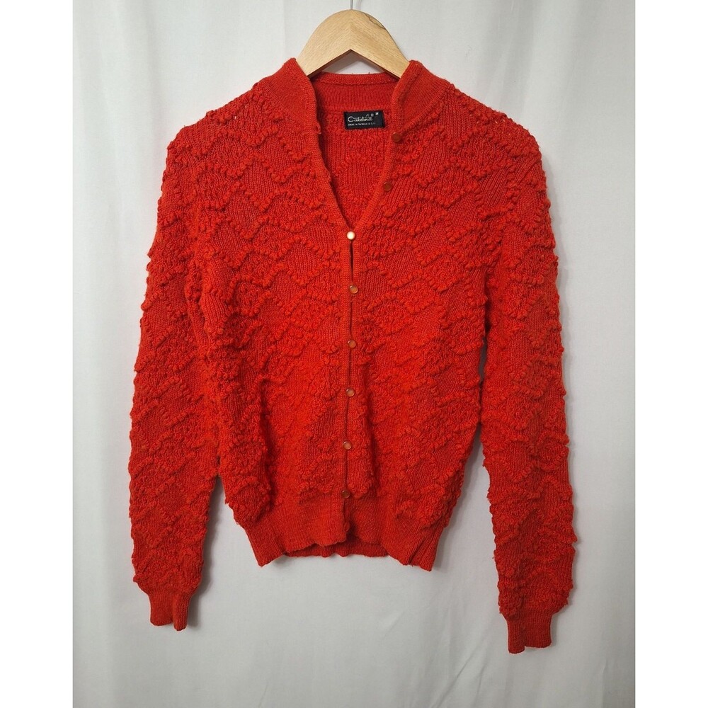 Womens Vintage Wool Blend Cardigan Sweater Sz M Tomato Red Textured Button Up
